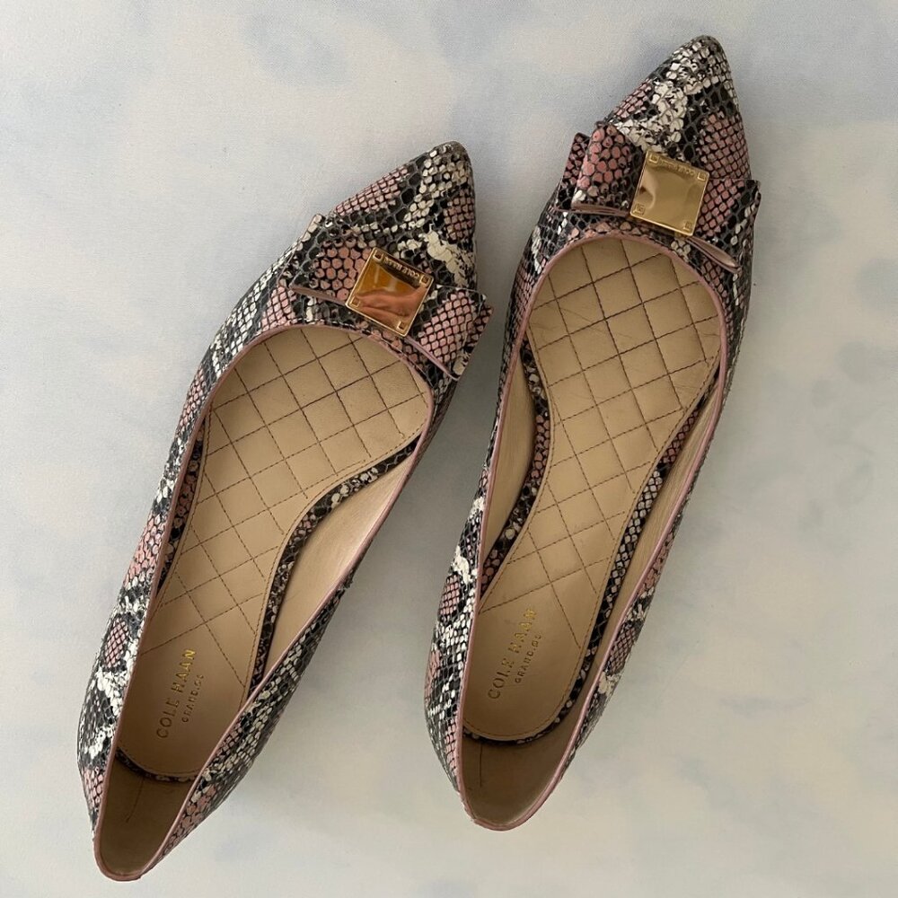 Cole Haan Tali Bow Misty Rose Snake Print Pointed Toe Flats